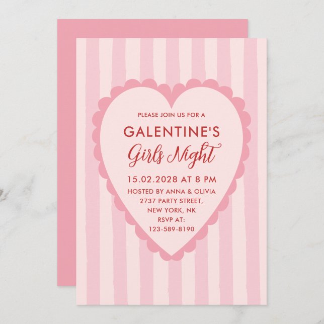 Red Pink Hand Drawn Galentine's Girls Night  Party Invitation (Front/Back)