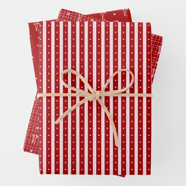 Red Pink Hand Drawn Hearts Bows Valentine’s Day Wrapping Paper Sheet (In situ)