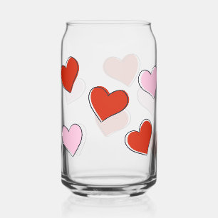 Red & Pink Hand Drawn Hearts Can Glass