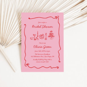 Red Pink Handwritten Bow Frame Bridal Shower Invitation