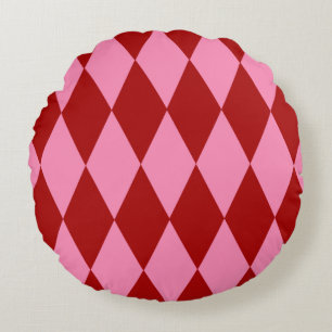Red Pink Harlequin Chequered Design Round Cushion