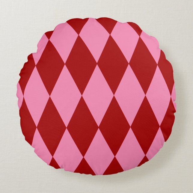 Red Pink Harlequin Chequered Design  Round Cushion (Front)