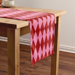 Red Pink Harlequin Chequered Design Short Table Runner