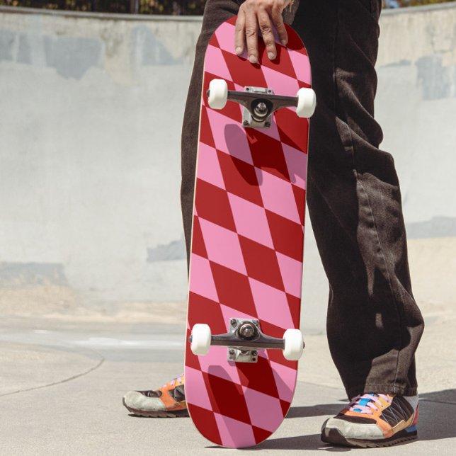 Red Pink Harlequin Chequered Design  Skateboard (Creator Uploaded)