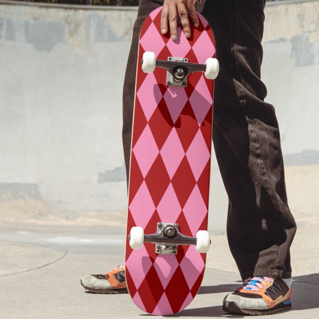 Red Pink Harlequin Chequered Design  Skateboard (Creator Uploaded)
