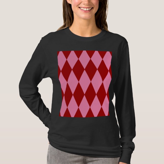 Red Pink Harlequin Chequered Design  T-Shirt (Front)