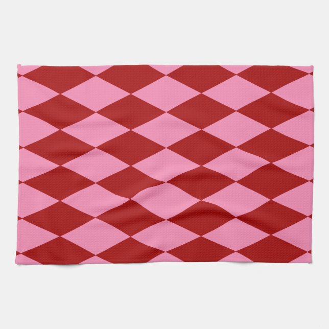 Red Pink Harlequin Chequered Design  Tea Towel (Horizontal)