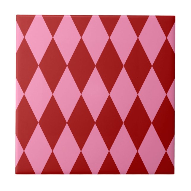 Red Pink Harlequin Chequered Design  Tile (Front)