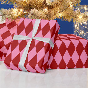 Red Pink Harlequin Chequered Design Wrapping Paper