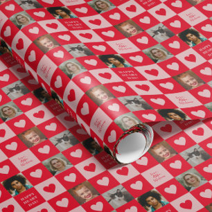 Red Pink Heart Chequerboard with Photos Valentine Wrapping Paper