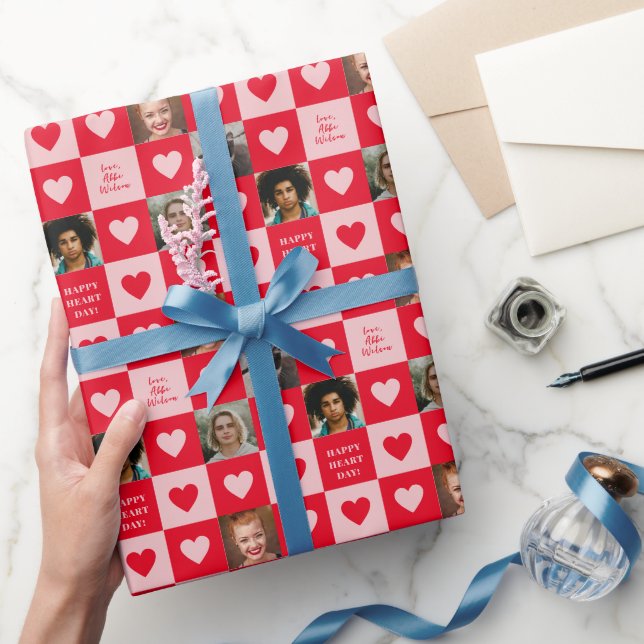 Red Pink Heart Chequerboard with Photos Valentine Wrapping Paper (Gifting)