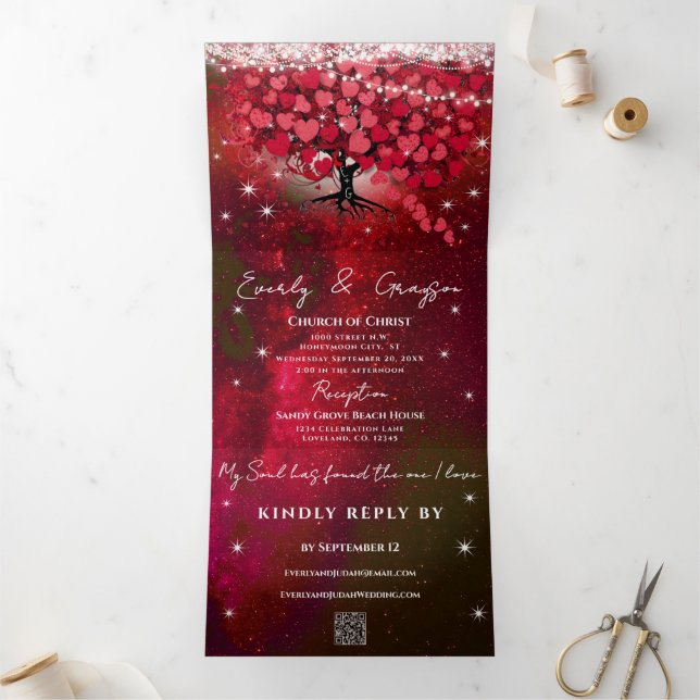 Red & Pink Heart Leaf Tree on Black Wedding Tri-Fold Invitation (Inside)