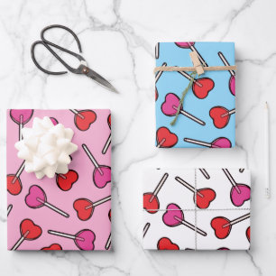 Red & Pink Heart Lollipops Pattern Wrapping Paper Sheet