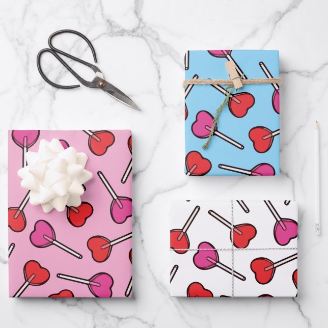 Red & Pink Heart Lollipops Pattern  Wrapping Paper Sheet (Front)