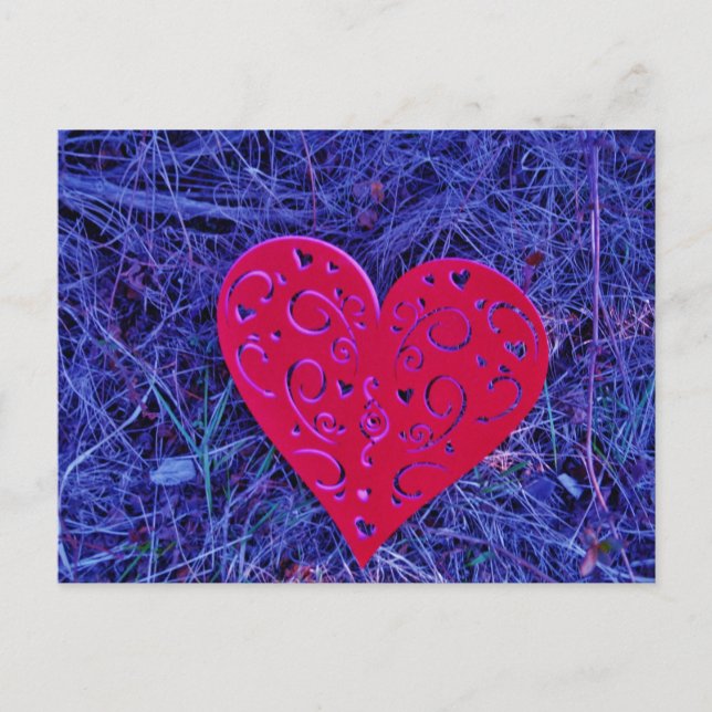 Red  Pink  heart on purple grass. Postcard (Front)