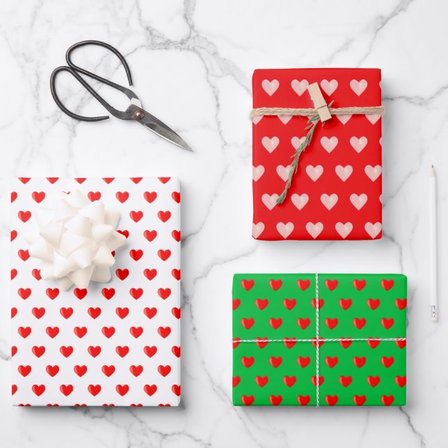 Red & pink heart pattern on green, red & white wrapping paper sheet (Front)