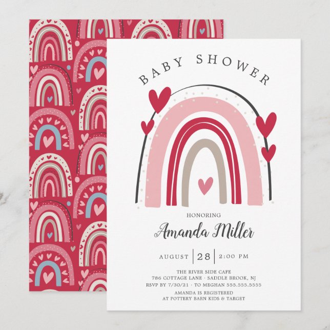 Red Pink Heart Rainbow Baby Shower  Invitation (Front/Back)