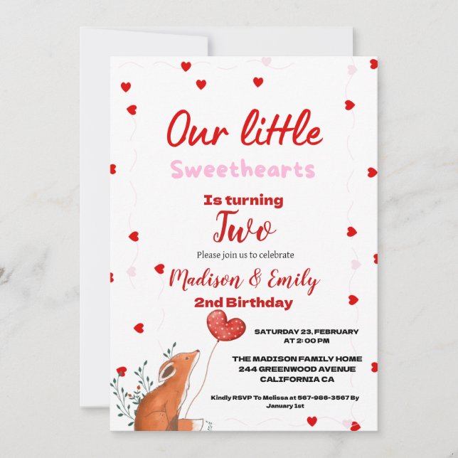 Red Pink Heart Valentine's Day Sweetheart Birthday Invitation (Front)