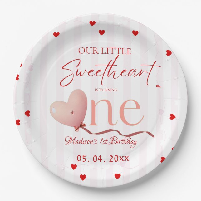 Red Pink Heart Valentine's Day Sweetheart Birthday Paper Plate (Front)