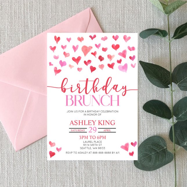 Red Pink Hearts Birthday Brunch Party Invitation (Creator Uploaded)