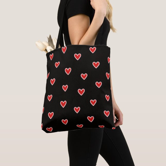 Red Pink Hearts Black  Tote Bag (Close Up)