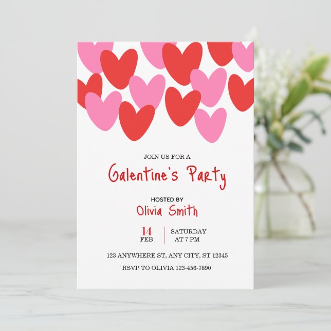 red pink hearts Galentine’s Day invitation, hearts Invitation (Standing Front)