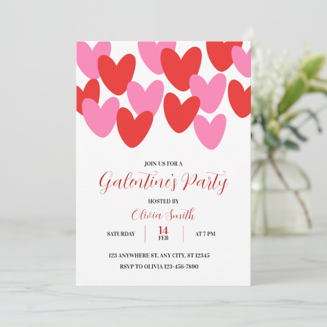 RED PINK HEARTS GALENTINES DAY PARTY INVITATION (Standing Front)
