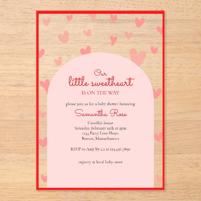 Red Pink Hearts Little Sweetheart Girl Baby Shower Acrylic Invitations (Front)