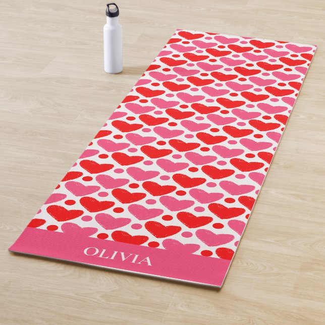 Red Pink Hearts pattern Personalised Yoga Mat (In Situ)