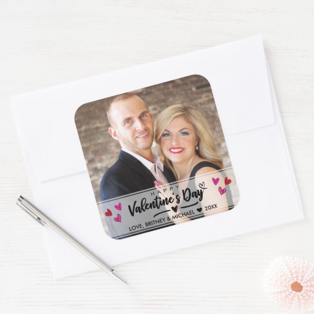 Red Pink Hearts Scribbled Valentine's Day Photo Square Sticker (Envelope)