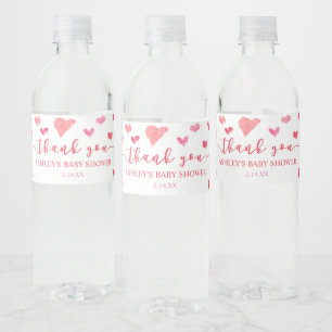 Red Pink Hearts Valentine Baby Shower Party Water Bottle Label