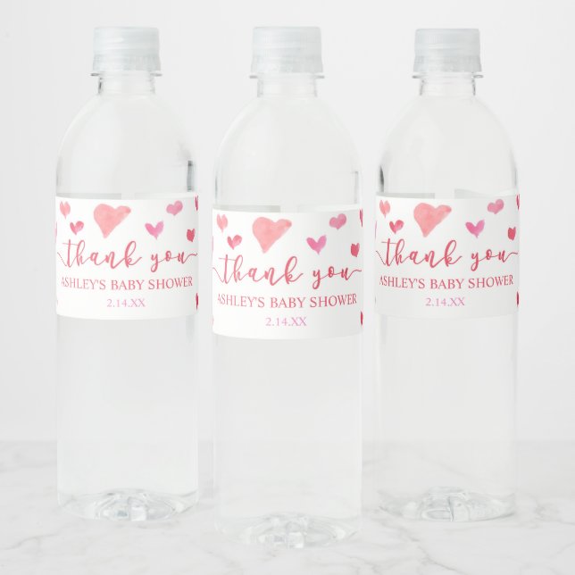 Red Pink Hearts Valentine Baby Shower Party Water Bottle Label (Bottles)