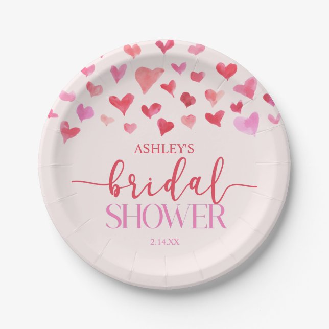 Red Pink Hearts Valentine Bridal Shower  Paper Plate (Front)