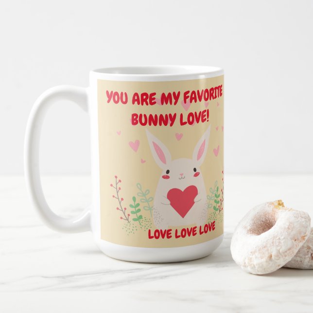 Red Pink Hearts You Are My Bunny Love Valentine's Coffee Mug (With Donut)