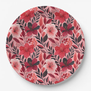 Red & Pink Hibiscus Floral Botanical Pattern Paper Plate