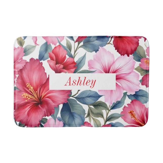 Red Pink Hibiscus Flowers Tropical  Bath Mat (Front)