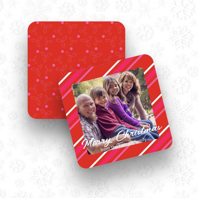 Red & Pink Holly Christmas Square Photo Holiday Card (Red & Pink Holly Christmas Photo Square Card)
