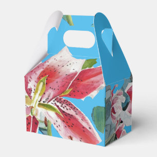 Red Pink Lily Floral Blue Wedding Cake Favor Box