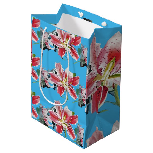 Red Pink Lily Floral Blue Wedding Cake Favor Box Medium Gift Bag (Front Angled)