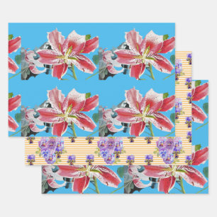 Red Pink Lily Flower Floral Lilies Watercolor Blue Wrapping Paper Sheet