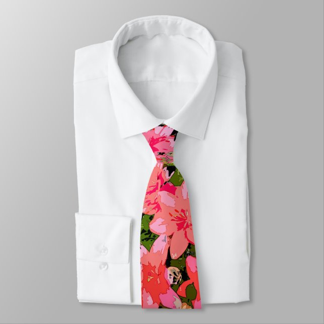 Red Pink Lily Flowers Tropical Island Tie (Tied)