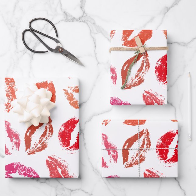 Red & Pink Lipstick Kisses Pattern Wrapping Paper Sheet (Front)