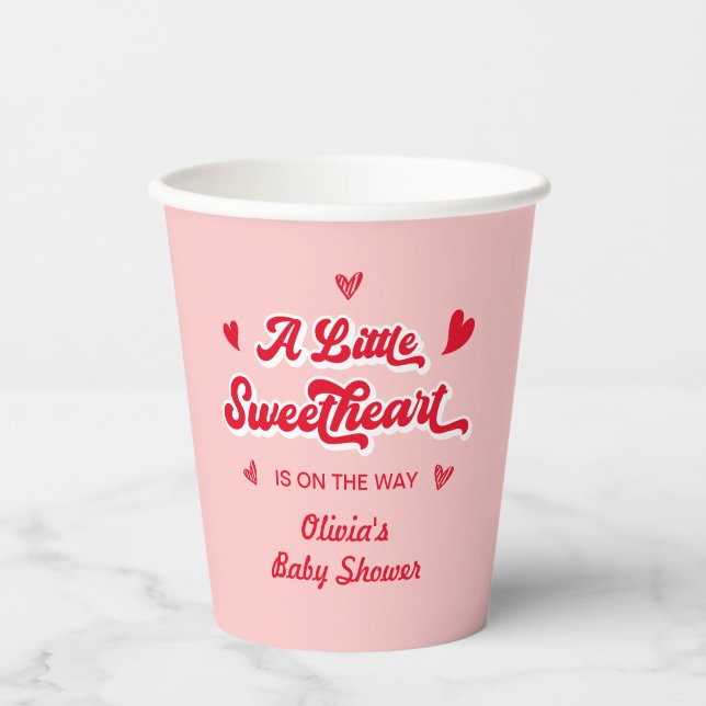 Red Pink Little Sweetheart Valentine Baby Shower Paper Cups (Front)