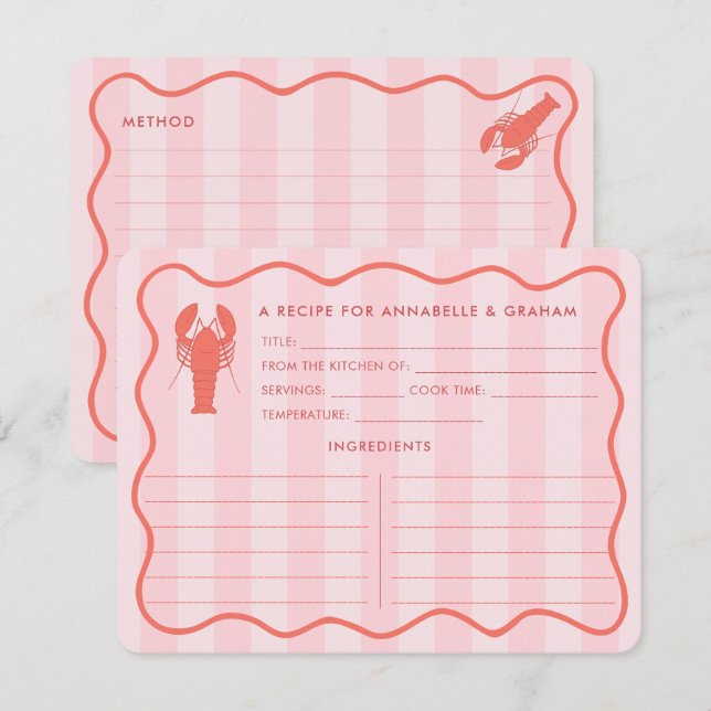 Red Pink Lobster Doodle Bridal Shower Recipe Card (Front/Back)