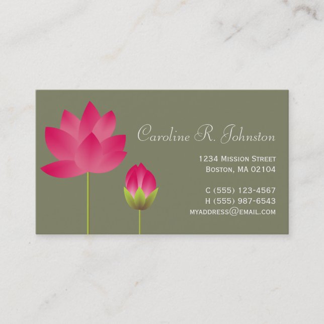Red pink lotus flower modern tea green personal business card (Front)