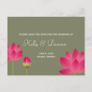 Red pink lotus flowers modern green save the date announcement postcard