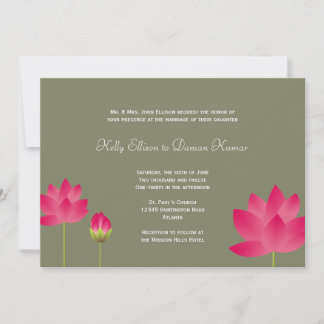 Red pink lotus flowers modern tea green wedding invitation