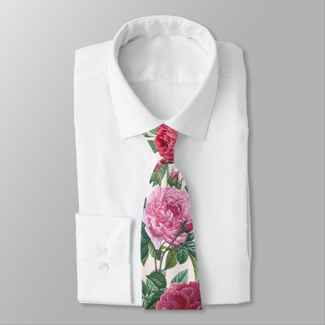 Red, Pink & Magenta Rose Flowers with Green Leaves Tie (Tied)