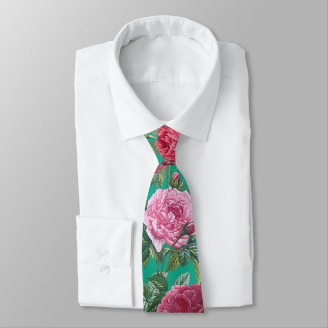 Red, Pink & Magenta Rose Flowers with Green Leaves Tie (Tied)