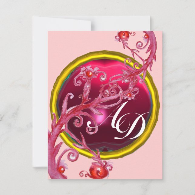 RED PINK MAGIC BERRIES,RUBY GEMSTONE  MONOGRAM INVITATION (Front)